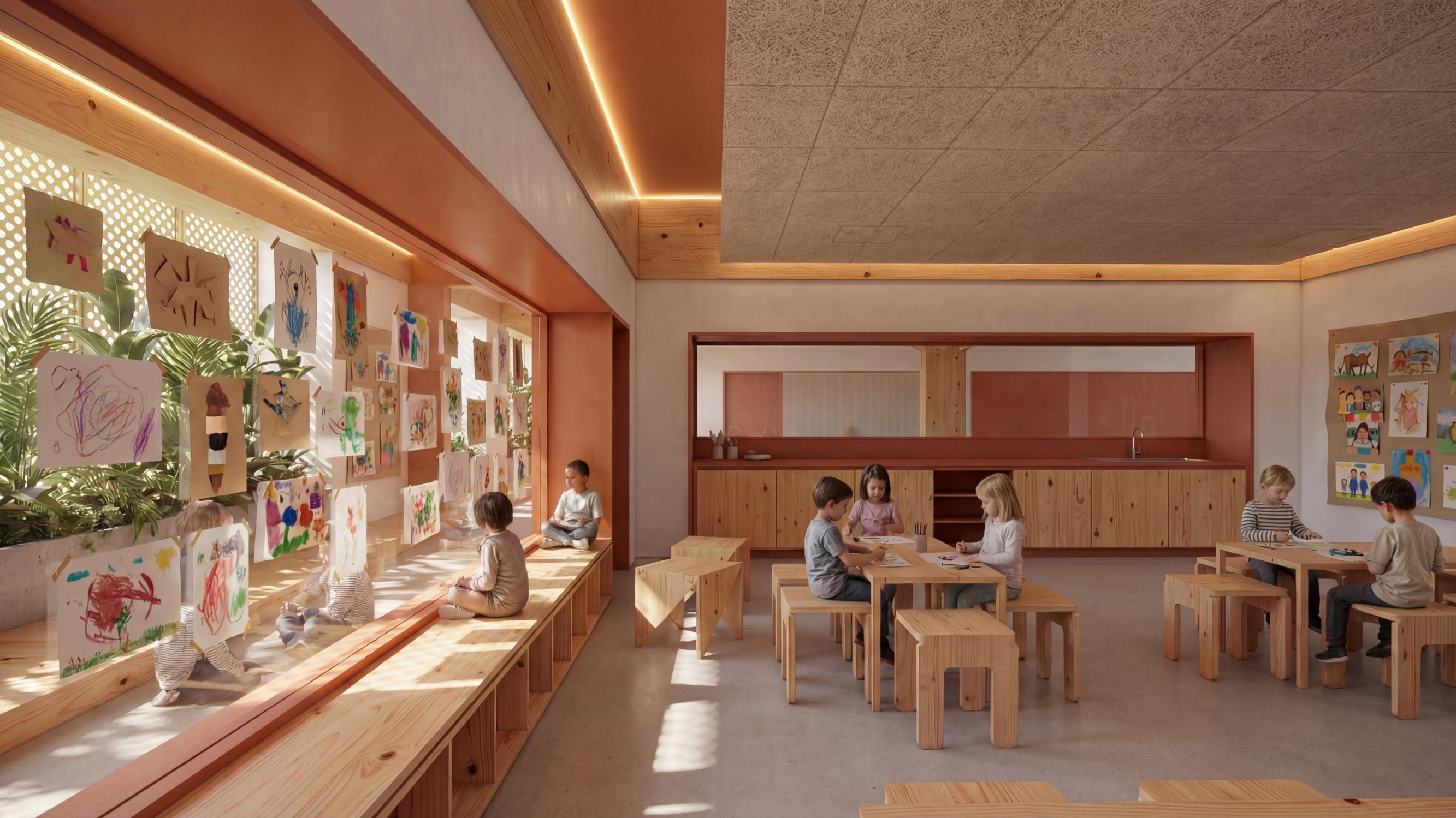 Sala de aprendizagem com estudantes reunidos em mesas, trabalhos expostos e luz natural.