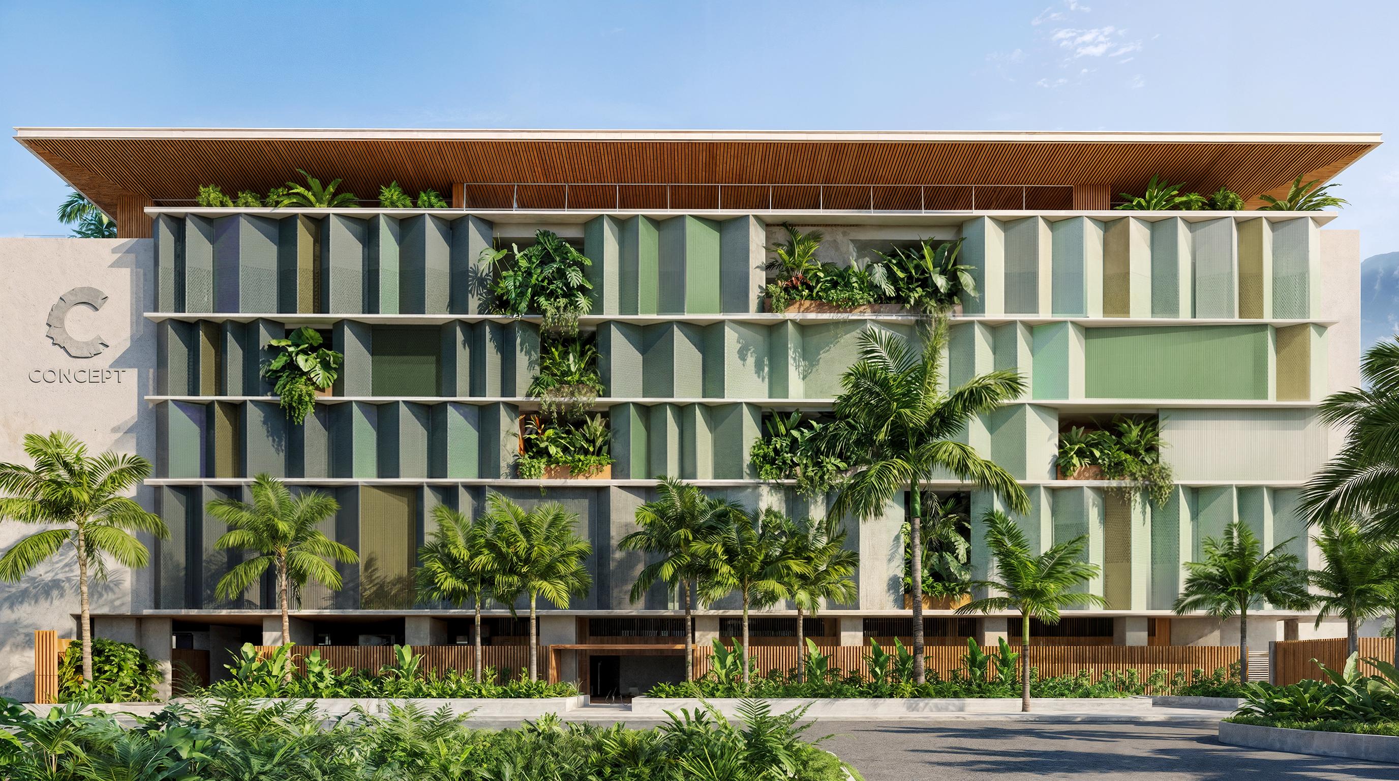 Imagem do projeto arquitetônico da fachada da Escola Concept Rio, com vegetação integrada e painéis verdes.