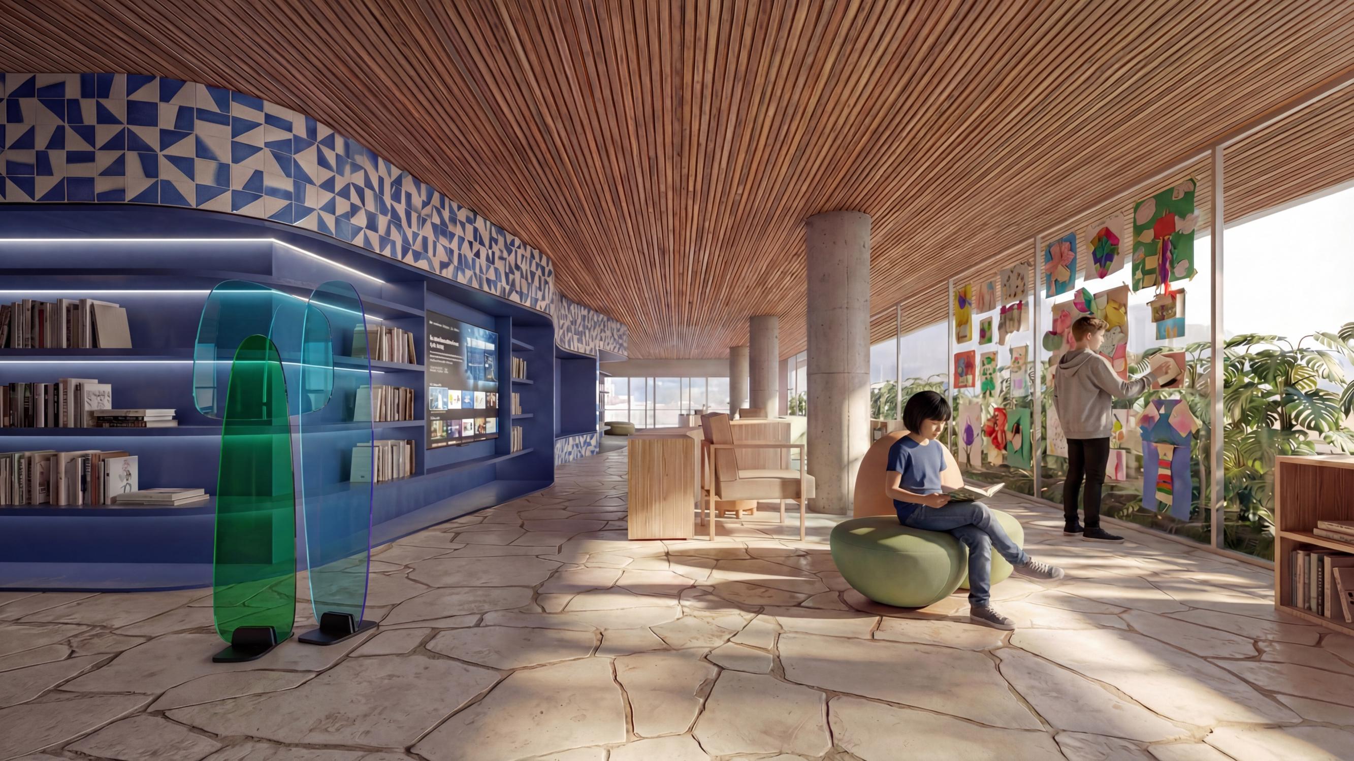 Biblioteca com estantes azuis, espaços de leitura e vegetação.
